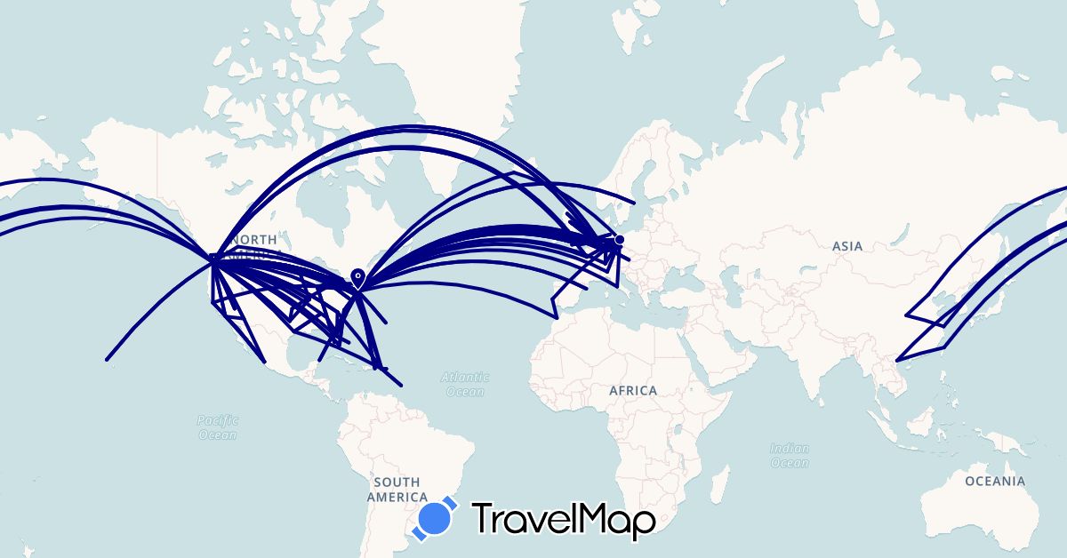 TravelMap itinerary: driving in Austria, Barbados, Bermuda, Bahamas, Canada, Switzerland, China, Germany, Dominican Republic, Spain, France, United Kingdom, Iceland, Italy, South Korea, Morocco, Mexico, Netherlands, Portugal, Sweden, Taiwan, United States, British Virgin Islands, Vietnam (Africa, Asia, Europe, North America)